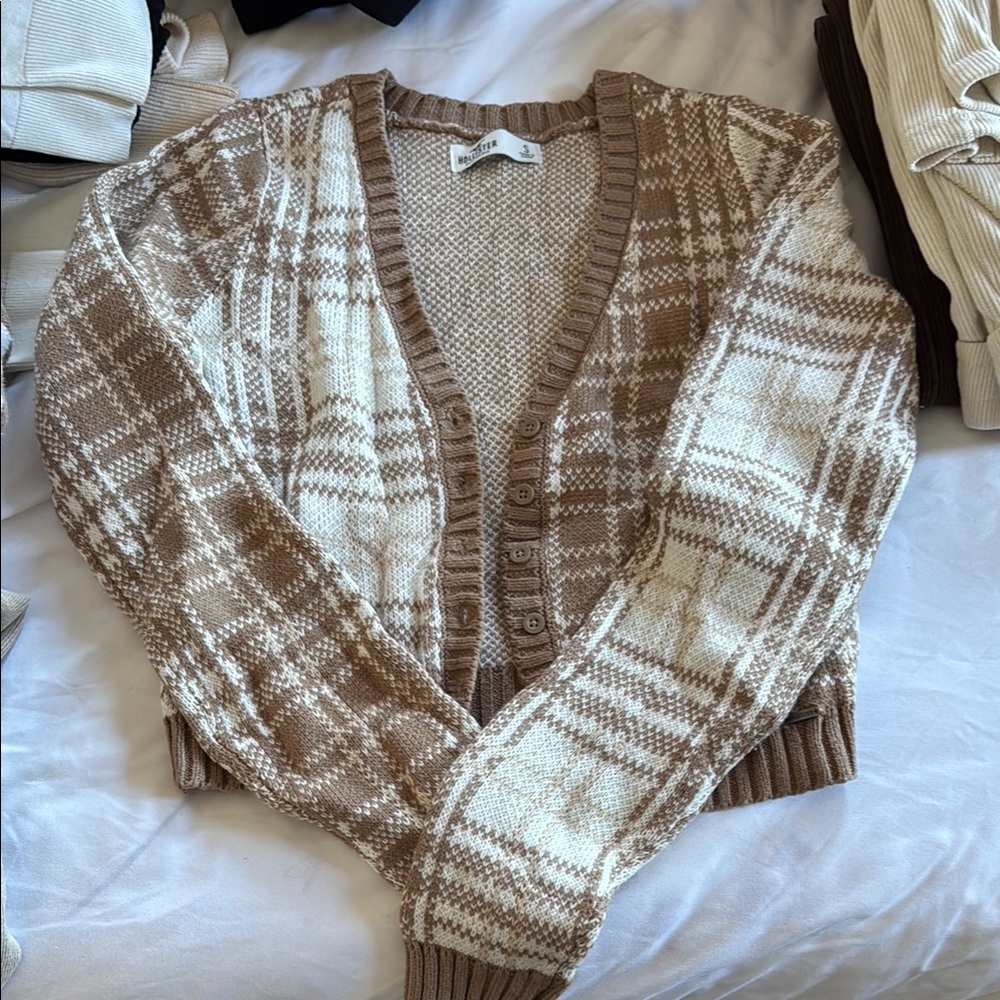 Plaid Knit Cardigan Sweater - Brown and Cream